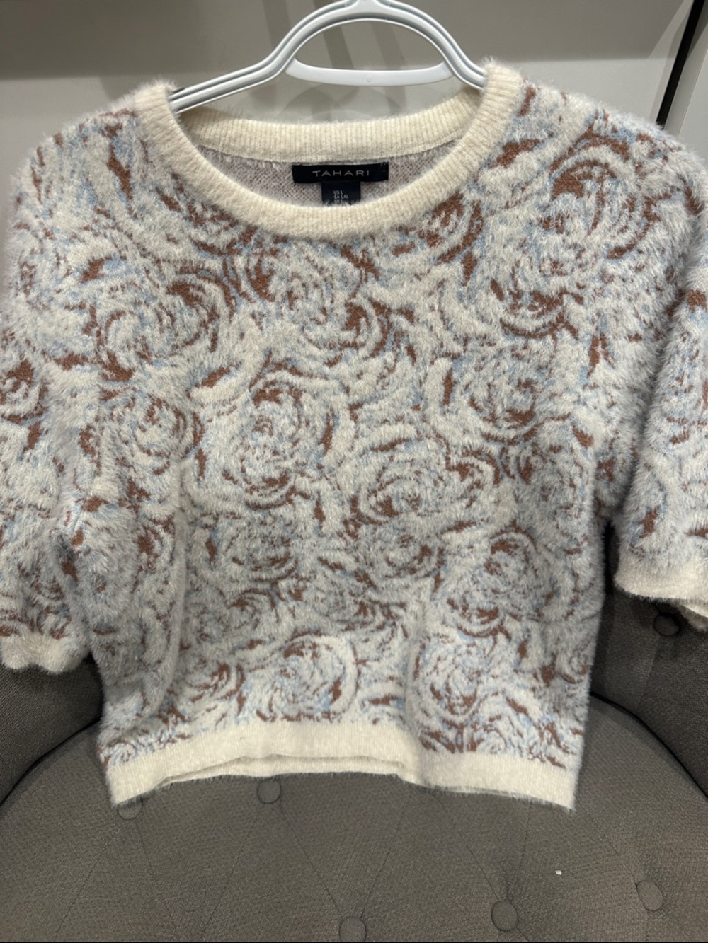 Tahari Cream, Brown & Light Blue Floral Fuzzy Sweater